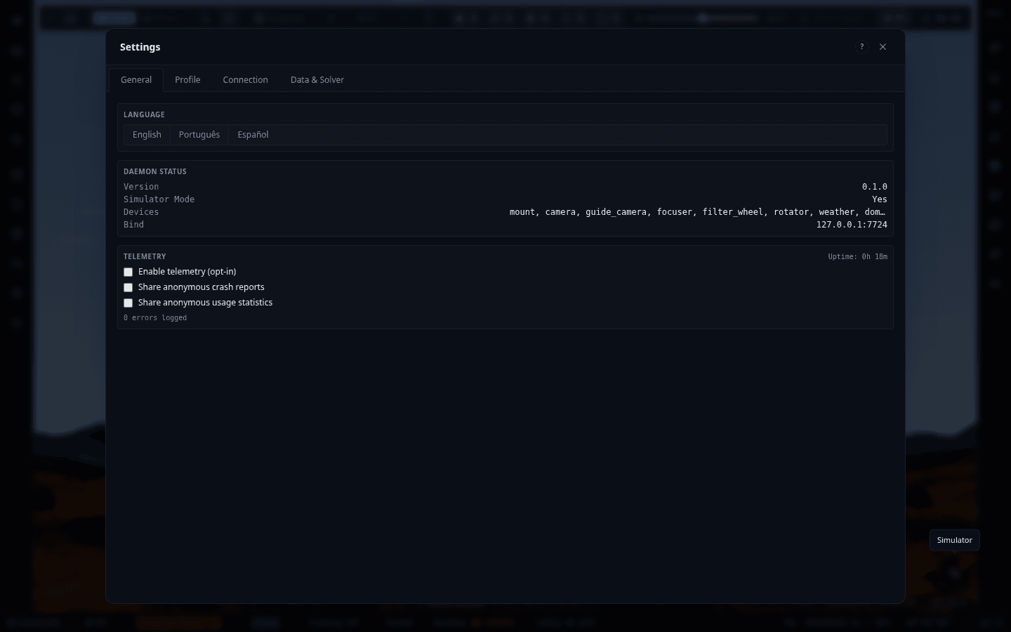 Screenshot: Settings — General