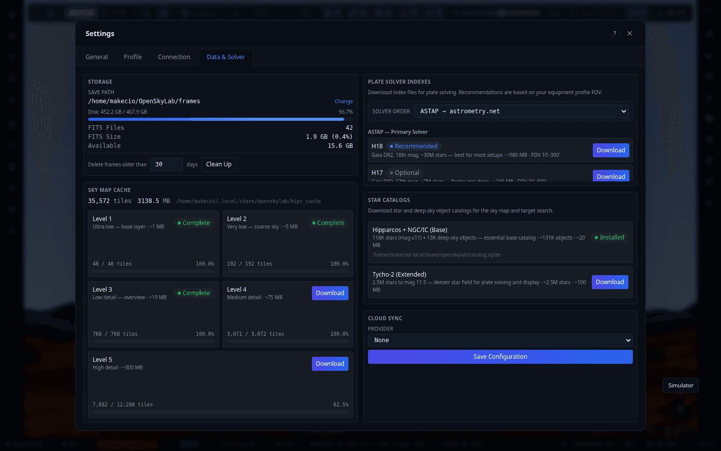 Screenshot: Data & Solver — Sky Cache, Solver Indexes, Catalogs