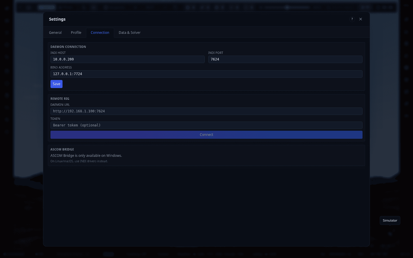 Screenshot: Connection — Daemon, Remote Rig, ASCOM Bridge
